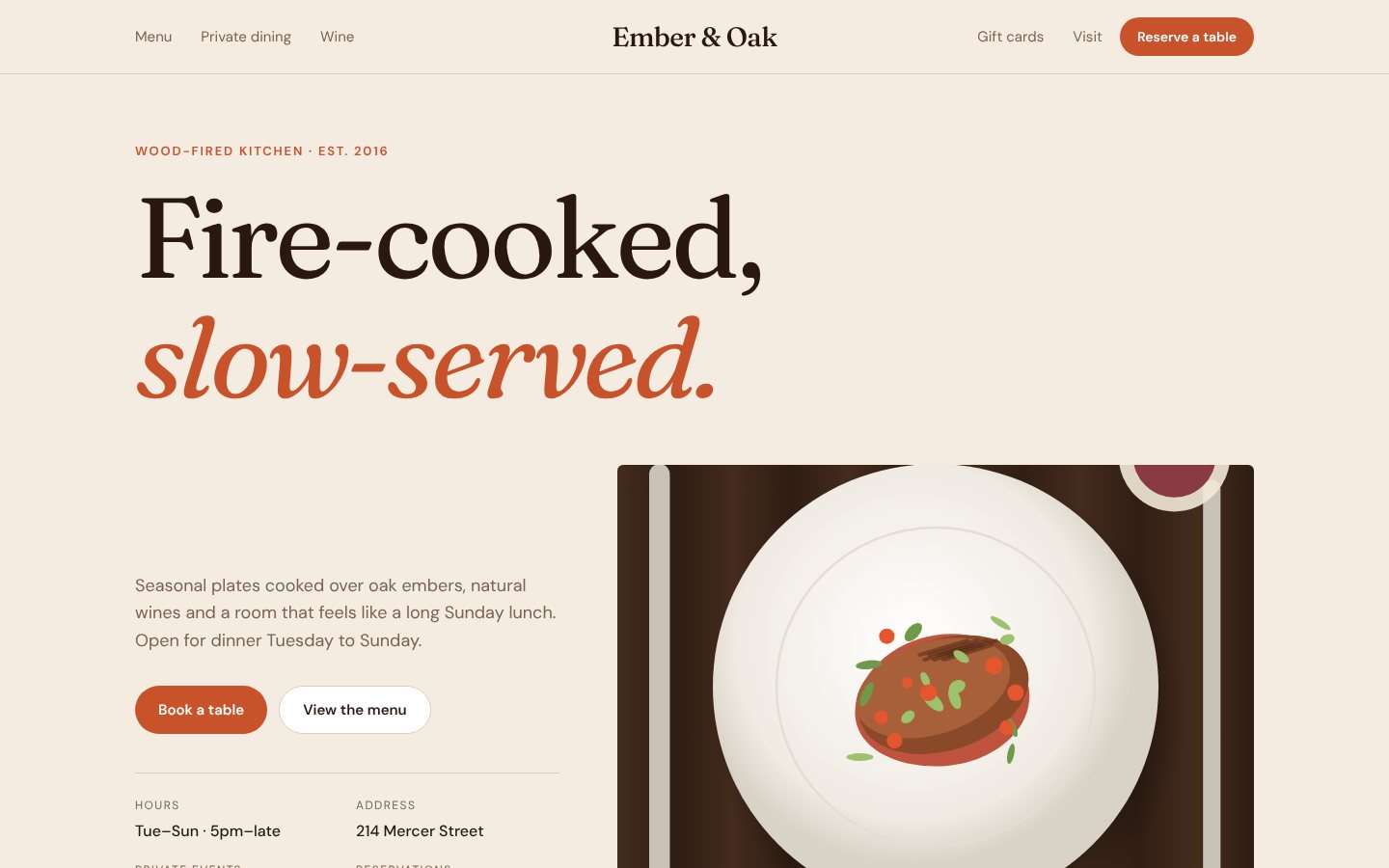 Custom restaurant website design for Ember and Oak