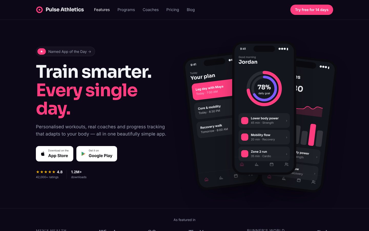 Pulse Athletics fitness mobile app UI design